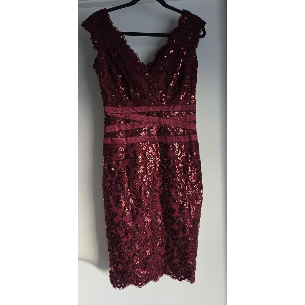 Tadashi Shoji Mini Dress Sz 4 Formal Sleeveless Burgundy Floral V-Neck Sequins